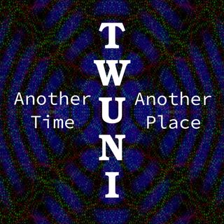 The word "TWUNI" in white, centered and arranged vertically, with the text "Another Time" to its left and "Another Place" to its right. The background features procedurally generated diffraction patterns in a dominant blue hue.
