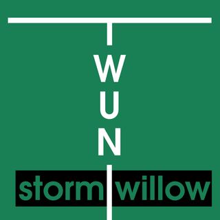 A stylized "TWUNI" centered and arranged vertically over a medium sea green background, with the horizontal bar of the "T" extending toward the edges and the "I" extending vertically toward the bottom edge. Behind it on the lower half is the word "stormwillow" in the negative space of a black box.