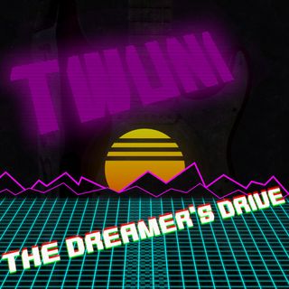 The text "TWUNI" glows a neon pink in the night sky over a retro wave scene with a sun setting over a silhouette of black mountains stroked with pink. In the foreground is a cyan grid overlaid with white text "THE DREAMER'S DRIVE" with a chromatic aberration effect. Overlaying the whole scene is a subtle double exposure of an electric guitar.