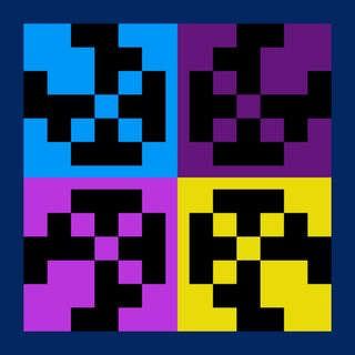 Four pastel quadrants each overlaid with an inward-facing black pixel pulsar from Conway's Game of Life